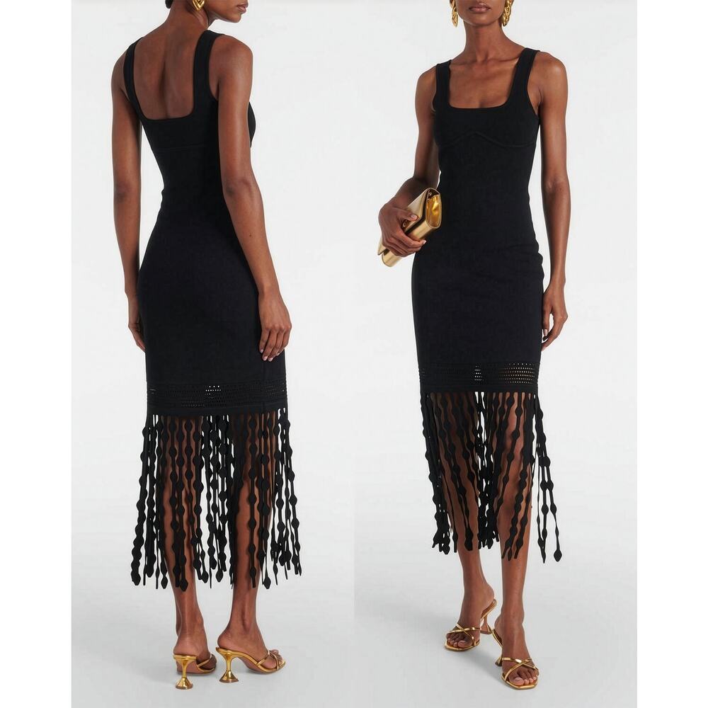 SIMKHAI Signa Lattice Fringe Midi Knit Tank Dress in Black NWOT Size XL - Picture 4 of 14